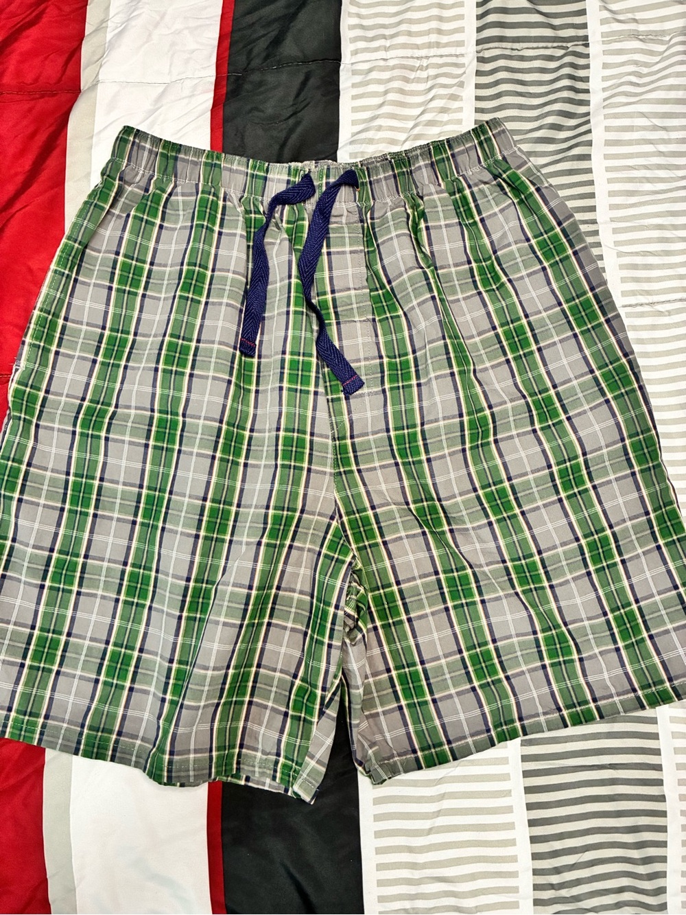 Men's Green Plaid Trunks with Navy Drawcord